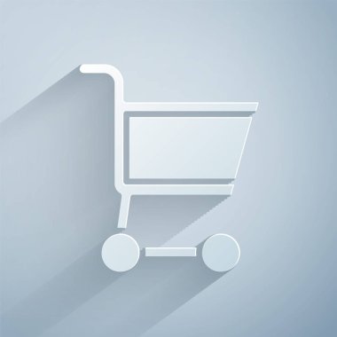 Kağıt kesiği, gri arka planda izole edilmiş alışveriş arabası simgesi. İnternetten satın alma konsepti. Servis tabelası. Süpermarket sepeti sembolü. Kağıt sanatı tarzı. Vektör