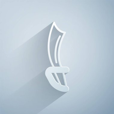 Kağıt kesiği Korsan kılıç simgesi gri arkaplanda izole edildi. Kılıç işareti. Kağıt sanatı tarzı. Vektör