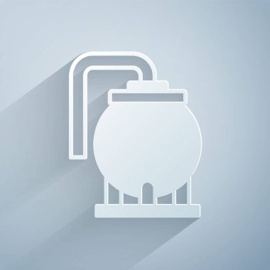 Kağıt kesiği yağ depolama ikonu gri arka planda izole edildi. Petrol ve gaz endüstrisi için gemi deposu. Petrol tankı teknoloji istasyonu. Kağıt sanatı tarzı. Vektör