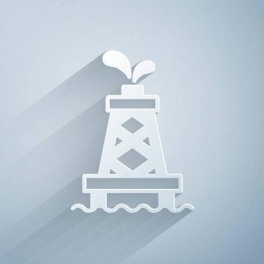 Kağıt kesiği petrol sondajı simgesi gri arka planda izole edildi. Gaz kulesi. Endüstriyel nesne Kağıt sanatı tarzı. Vektör