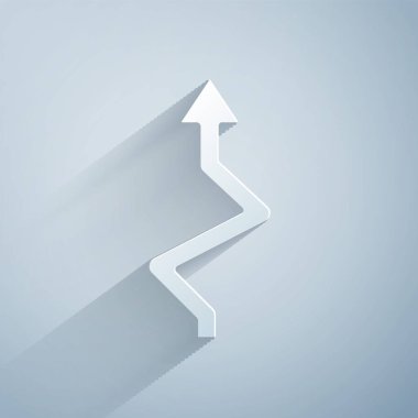 Kağıt kesiği Ok simgesi gri arkaplanda izole edildi. Yön Arrowhead sembolü. Navigasyon işaretçisi işareti. Kağıt sanatı tarzı. Vektör