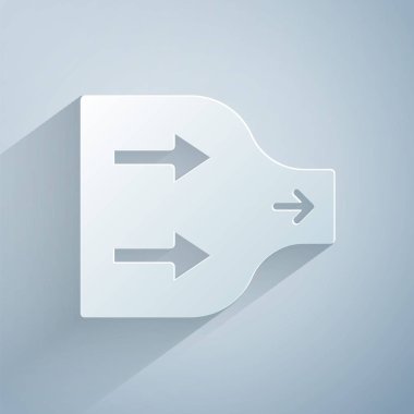 Kağıt kesiği Ok simgesi gri arkaplanda izole edildi. Yön Arrowhead sembolü. Navigasyon işaretçisi işareti. Kağıt sanatı tarzı. Vektör