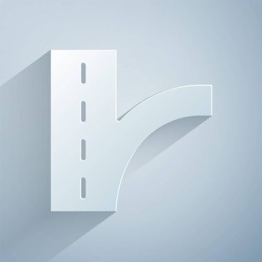 Kağıt kesiği trafik levhası. Gri arkaplanda sinyal simgesi izole edildi. İşaretçi sembolü. İzole sokak bilgi levhası. Yön tabelası. Kağıt sanatı tarzı. Vektör