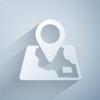 Kağıt kesikli harita, gri arkaplanda izole edilmiş konum imleci simgesi var. Kağıt sanatı tarzı. Vektör