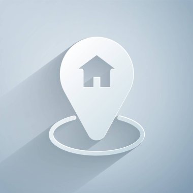 Kağıt kesikli harita işaretçisi ve gri arkaplanda ev simgesi var. Ev konumu belirleyici sembol. Kağıt sanatı tarzı. Vektör