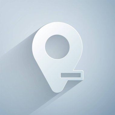 Kağıt kesiği Harita iğne simgesi gri arkaplanda izole edildi. Navigasyon, işaret, konum, harita, GPS, yön, yer, pusula, arama konsepti. Kağıt sanatı tarzı. Vektör