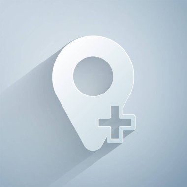 Kağıt kesiği Harita iğne simgesi gri arkaplanda izole edildi. Navigasyon, işaret, konum, harita, GPS, yön, yer, pusula, arama konsepti. Kağıt sanatı tarzı. Vektör