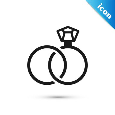 Gri alyans simgesi beyaz arkaplanda izole edilmiş. Gelin ve damat mücevher tabelası. Evlilik sembolü. Elmas yüzük. Vektör