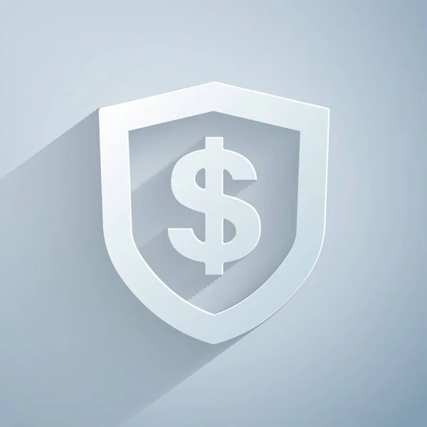 Papiergeschnittenes Schild Mit Dollarsymbol Auf Grauem Hintergrund Schutzschild Geldsicherheitskonzept Papierkunst — Stockvektor