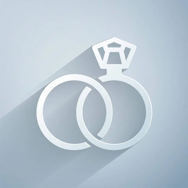 Carta Tagliata Icona Fedi Nuziali Isolato Sfondo Grigio Sposa Sposo — Vettoriale Stock