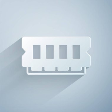 Kağıt kesiği RAM, gri arkaplanda izole edilmiş rastgele erişim bellek simgesi. Kağıt sanatı tarzı. Vektör