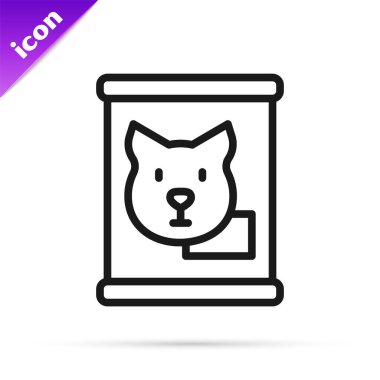 Siyah çizgi konserve yiyecek ikonu beyaz arkaplanda izole edilmiş. Hayvanlar için yiyecek. Evcil hayvan yiyeceği kutusu. Köpek kemiği işareti. Vektör