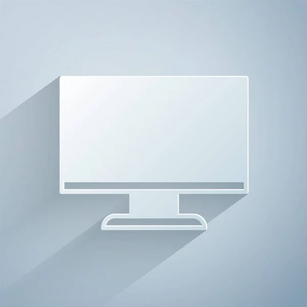 ペーパーカットグレーの背景に隔離されたコンピュータのモニター画面アイコン 電子機器だ 正面図 紙のアートスタイル ベクトル — ストックベクタ