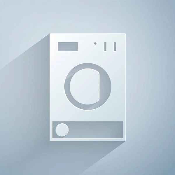 Kağıt Kesiği Gri Arkaplanda Izole Edilmiş Çamaşır Makinesi Simgesi Çamaşır — Stok Vektör