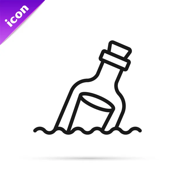 Black Line Glass Bottle Message Water Icon Isolated White Background — Stock Vector