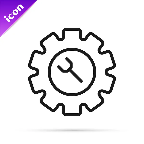 Fekete Vonal Wrench Fogaskerék Ikon Elszigetelt Fehér Háttér Beállítás Szerviz — Stock Vector