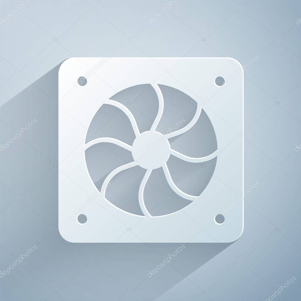 Paper cut Computer cooler icon isolated on grey background. PC hardware fan. Paper art style. Vector