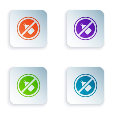 Beyaz arka planda izole edilmiş alkol ikonu yok. Alkol içmeyi yasaklıyorum. Bira şişesi camlı yasak sembol. Kare düğmelere renkli simgeleri yerleştir. Vektör