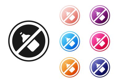 Beyaz arka planda siyah alkol ikonu yok. Alkol içmeyi yasaklıyorum. Bira şişesi camlı yasak sembol. Simgeleri renklendirin. Vektör