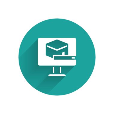 Beyaz Kabe cami simgesi uzun gölgeli. Kabe 'deki hac ibadeti Ramazan-ı İslam camii. Yeşil daire düğmesi. Vektör