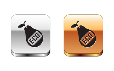 Siyah sağlıklı organik vejetaryen gıda armut ikonu beyaz arka planda izole edilmiş. Yaprak sembollü meyve. Sağlıklı, eko, organik, meyve. Gümüş ve altın kare düğmeler. Vektör