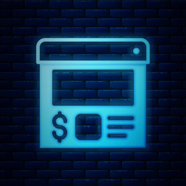 Parlayan neon çevrimiçi sipariş ve yemek dağıtım ikonu tuğla duvar arkasında izole edildi. Vektör