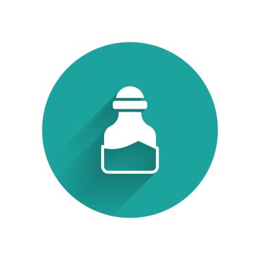 Beyaz Spice konserve ikonu uzun gölge arkaplan izole. Baharat koleksiyonu. Baharat, cam kutunun içindeki baharatlar. Yeşil daire düğmesi. Vektör