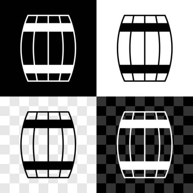 Tahta varil simgesini siyah beyaz, şeffaf arkaplanda izole et. Alkol fıçısı, içki kabı, bira için tahta fıçı, viski, şarap. Vektör
