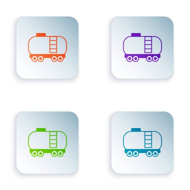 Renk yağı sarnıç simgesi beyaz arkaplanda izole edildi. Tren vagonundaki petrol tankı. Demiryolu nakliyesi. Petrol endüstrisi. Kare düğmelere renkli simgeleri yerleştir. Vektör