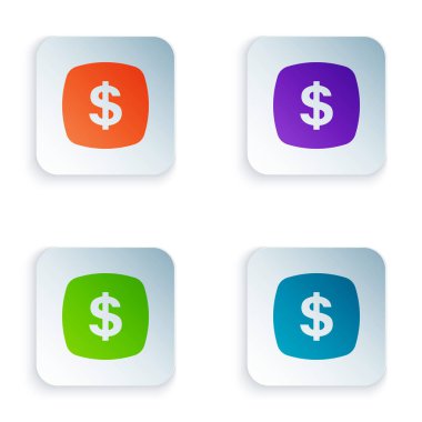 Beyaz arkaplanda izole edilmiş Renk Doları simgesi. Nakit ve para, servet, ödeme sembolü. Kumarhane kumarı. Kare düğmelere renkli simgeleri yerleştir. Vektör