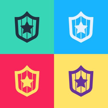 Yıldız ve çizgili Pop Art Shield renkli arka planda izole edilmiş. Amerika Birleşik Devletleri bayrağı. 4 Temmuz. ABD Bağımsızlık Günü. Vektör