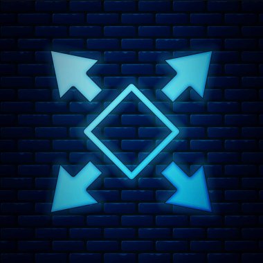Parlayan neon, tuğla duvar arka planında birçok yönden yalıtılmış ok simgesi. Vektör