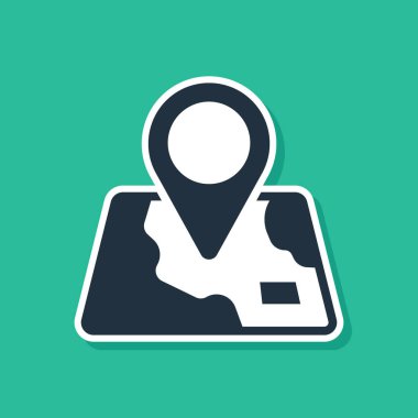 Yeşil arkaplanda konum belirleyici simgesi olan mavi katlı harita. Vektör