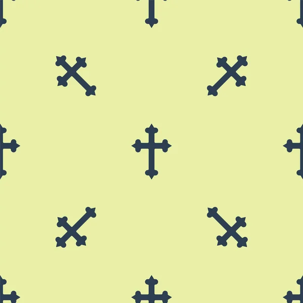 蓝色基督教交叉图标在黄色背景上隔离无缝图案 教堂十字架 — 图库矢量图片