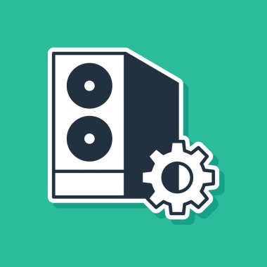 Yeşil arkaplanda mavi bilgisayar ayarı simgesi izole edildi. Bilgisayar sunucusu. İş istasyonu. Ayarlama, servis, bakım, onarım, onarım. Vektör