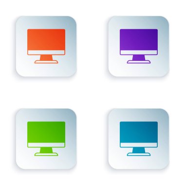 Beyaz arkaplanda izole edilmiş renkli bilgisayar ekranı simgesi. Elektronik cihaz. Ön manzara. Kare düğmelere renkli simgeleri yerleştir. Vektör