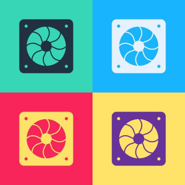 Pop Art Bilgisayar soğutucu simgesi renk arkaplanında izole edildi. Bilgisayar donanım pervanesi. Vektör