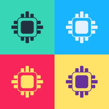 Mikro devreli Pop Art Bilgisayar işlemcisi CPU simgesi renk arkaplanında izole edildi. Devre kartlı çip ya da işlemci. Mikro işlemci. Vektör