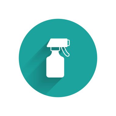 Beyaz su püskürtme ikonu uzun gölge arkaplan izole. Ütü fıskiyesi. Yeşil daire düğmesi. Vektör