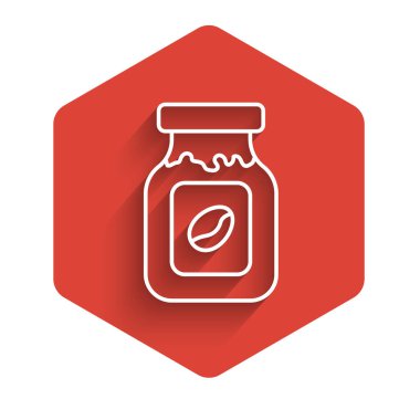 Beyaz çizgi kahve kavanozu ikonu uzun gölge arkaplanlı izole edilmiş. Kırmızı altıgen düğmesi. Vektör