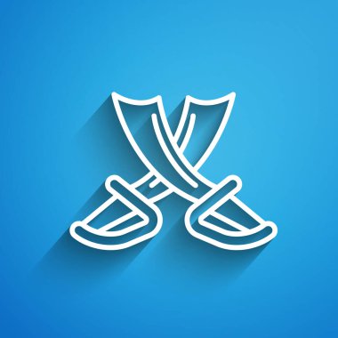 Beyaz çizgili korsan kılıcı ikonu mavi arka planda izole edilmiş. Kılıç işareti. Uzun gölge. Vektör