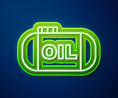 Parlayan neon hattı yağ depolama ikonu mavi arka planda izole edildi. Petrol ve gaz endüstrisi için gemi deposu. Petrol tankı teknoloji istasyonu. Vektör