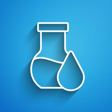 Beyaz çizgi petrol test tüpü ikonu mavi arkaplanda izole edildi. Uzun gölge. Vektör