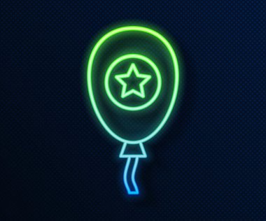 Mavi arka planda izole edilmiş kurdele ikonu olan parlak neon çizgili balonlar. Vektör