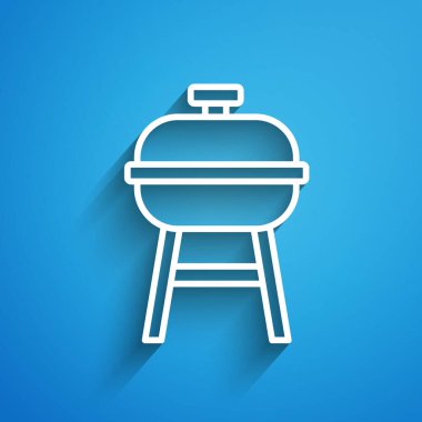 Beyaz çizgi ızgara ikonu mavi arkaplanda izole edildi. Barbekü ızgara partisi. Uzun gölge. Vektör