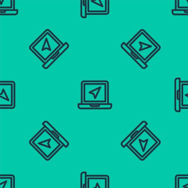 Konum belirleyici simgesi olan mavi çizgi dizüstü bilgisayarı yeşil arka planda izole edilmiş. Vektör