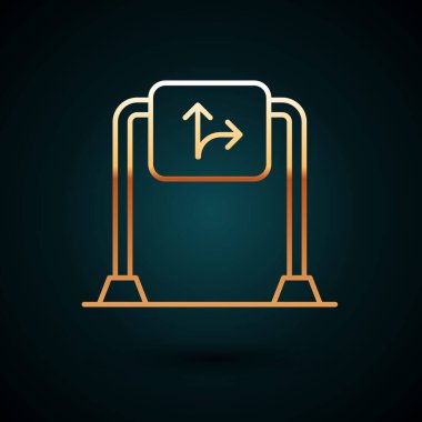 Altın çizgili trafik levhası. Koyu mavi arkaplanda sinyal simgesi izole edildi. İşaretçi sembolü. İzole sokak bilgi levhası. Yön tabelası. Vektör