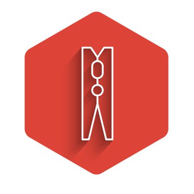 Beyaz çizgi Eski ahşap iğne simgesi uzun gölge arkaplan izole. Elbise askısı. Kırmızı altıgen düğmesi. Vektör