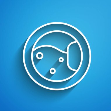 Beyaz çizgi yıkama simgesi mavi arkaplanda izole edildi. Çamaşır makinesi simgesi. Çamaşır makinesi, çamaşır makinesi. Ev aletleri sembolü. Uzun gölge. Vektör