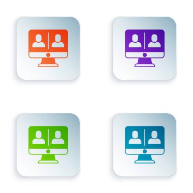 Renkli Video sohbet konferansı simgesi beyaz arkaplanda izole edildi. Çevrimiçi iş görüşmesi formu. Uzak proje yönetimi. Kare düğmelere renkli simgeleri yerleştir. Vektör.